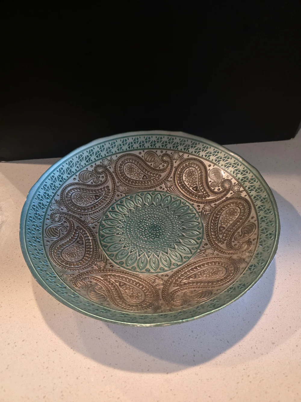 Decorative Paisley Ceramic Serving Bowl in Teal and Brown